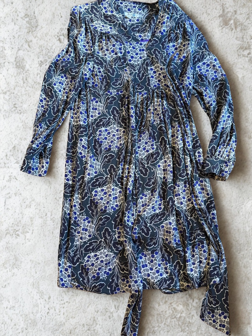 Boden Navy Blue Floral Midi Dress with Light Blue and White Accents